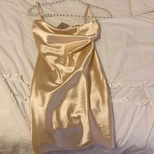 cow neck champagne satin mini dress